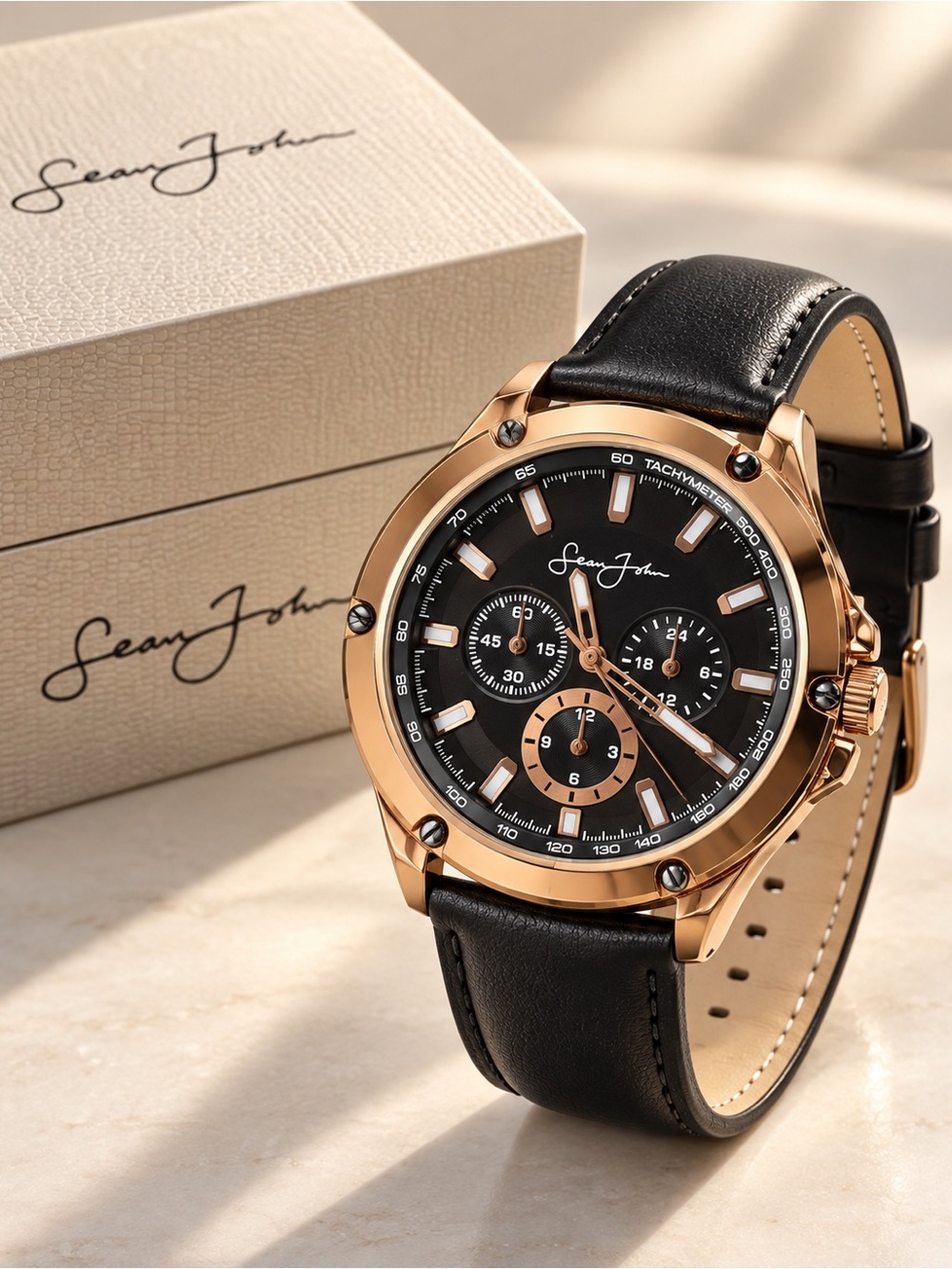 Sean John Rose Gold Tone Black Dial Leather Strap Men’s Watch SJ003RG Box Y2K